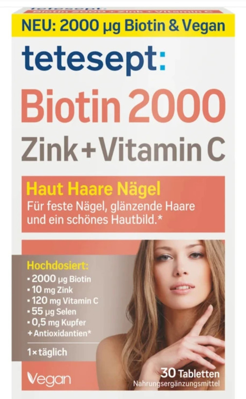 مکمل بیوتین2000 تقویت پوست،مو و ناخن تتسپت tetesept Biotin 2000 + Zink + Vitamin C