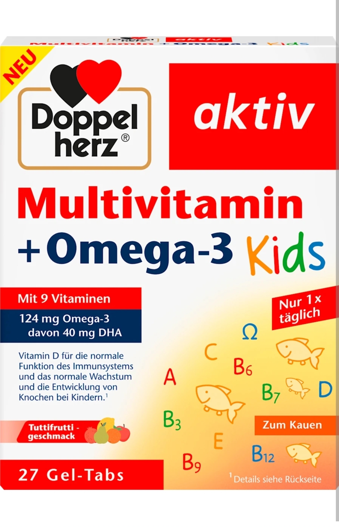 قرص پاستیلی مولتی ویتامین + امگا 3 کودکان دوپل هرز اکتیو (Doppelherz Aktiv Multivitamin + Omega-3 Kids) 27 عددی