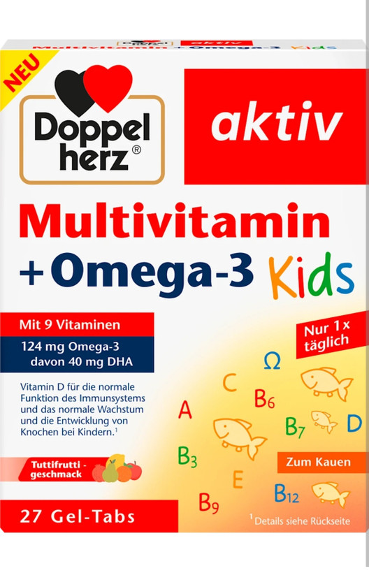 قرص پاستیلی مولتی ویتامین + امگا 3 کودکان دوپل هرز اکتیو (Doppelherz Aktiv Multivitamin + Omega-3 Kids) 27 عددی
