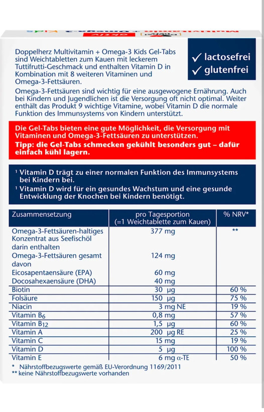 قرص پاستیلی مولتی ویتامین + امگا 3 کودکان دوپل هرز اکتیو (Doppelherz Aktiv Multivitamin + Omega-3 Kids) 27 عددی